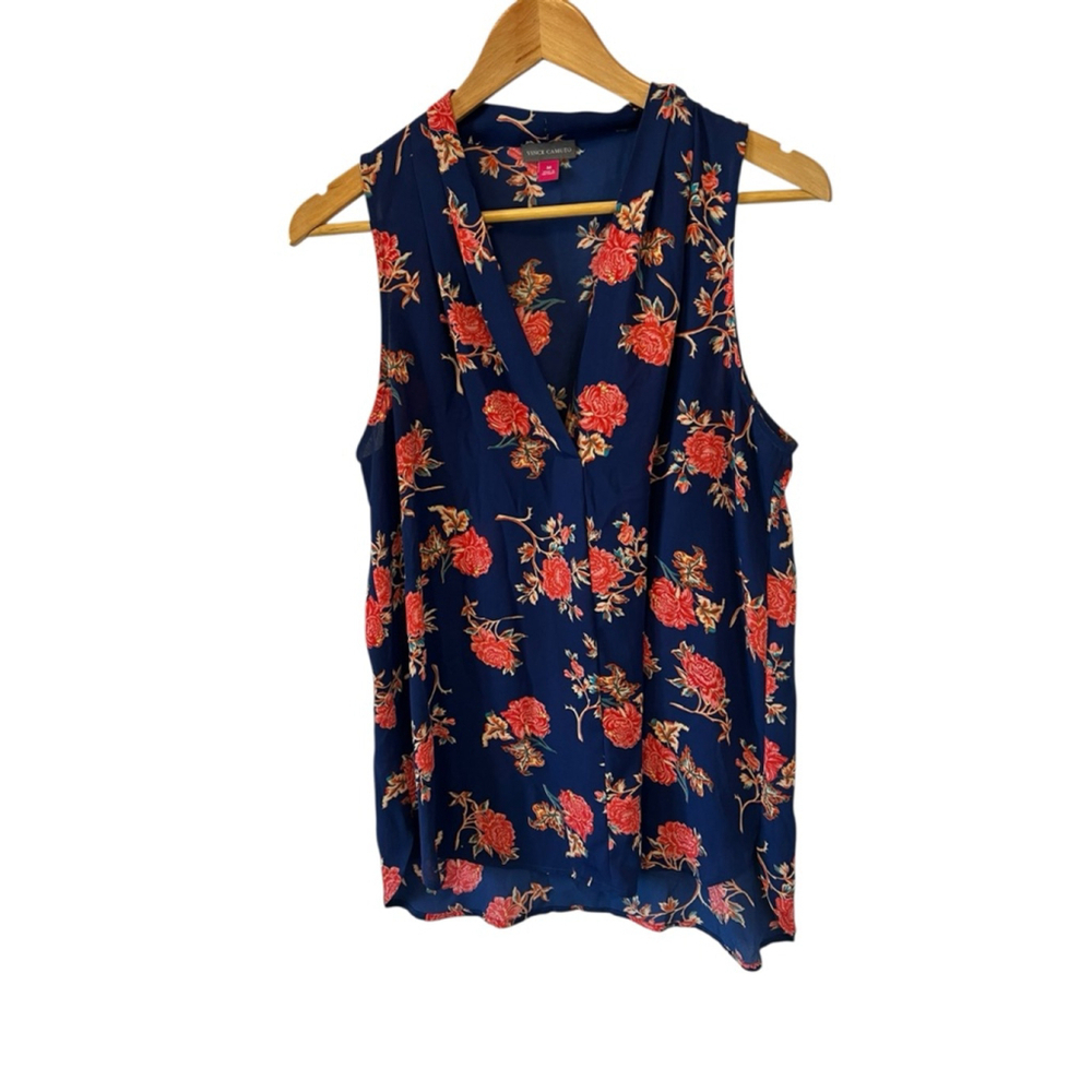VINCE CAMUTO Top Women’s Medium Blue Floral Print V Neck Sleeveless Shirt